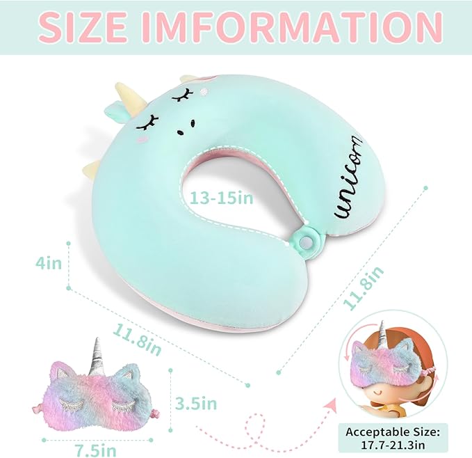 Neck Travel Pillow for Kids, Unicorn Airplane Memory Foam Pillow with Cute Sleep Mask & Earplugs, Lightweight Travelling Sleeping Pillow Set for Car, Train, Bus and Home Use (Blue) - Bloomnest