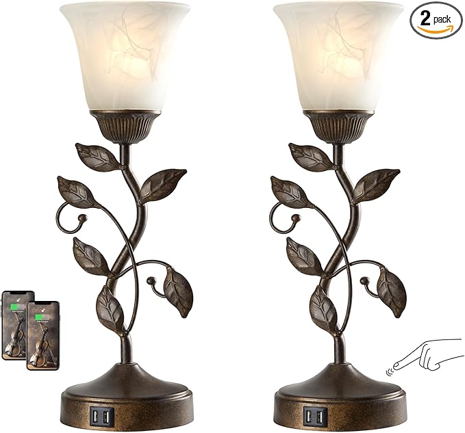 RORIANO Set of 2 Touch Farmhouse Bedroom Table Lamps, Nightstand Vintage Flower Lamps with 2 USB Ports, 3 Way Dimmable Leaf Lamp for Living Room with White Glass Shades, Bulbs Included - Bloomnest