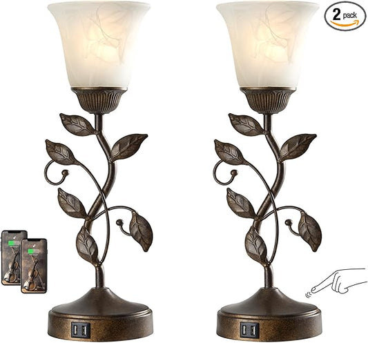 RORIANO Set of 2 Touch Farmhouse Bedroom Table Lamps, Nightstand Vintage Flower Lamps with 2 USB Ports, 3 Way Dimmable Leaf Lamp for Living Room with White Glass Shades, Bulbs Included - Bloomnest
