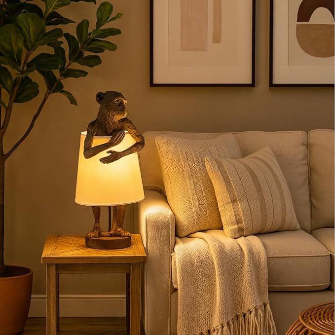 Crestview Collection Monkey Table Lamp – Bronze Resin Animal Lamp, Retro Rustic Art Deco Farmhouse Desk Lamp with Linen Shade for Bedroom, Living Room, Bedside, Nightstand or Small Space - Bloomnest
