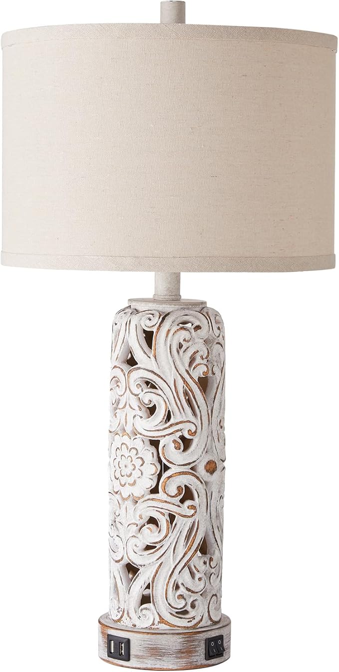 RORIANO Rustic Farmhouse Table Lamps for Living Room Bedroom, Vintage Bedside Lamp with Dual USB Port, Antique White Resin Retro Nightstand Lamps with Night Light, Bulbs Include - Bloomnest