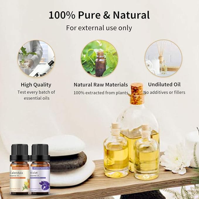 GREENSLEEVES Violet Calendula Essential Oil Set, 2 x 10ml Pure Plant-Based Fragrance Oil for Aromatherapy, Essential Oils for Diffuser, Massage, Bath Bomb, Scented Candle Soap Making GREENSLEEVES