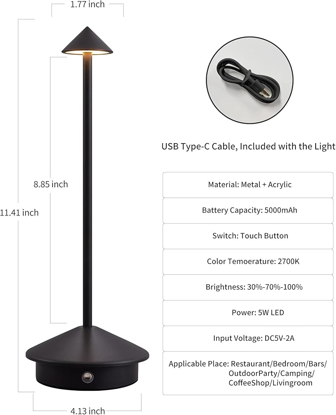 Modern Cordless Table Lamp Set of 2, Portable LED Desk Lamps, 5000mAh Rechargeable Battery Operated Lighting for Bedroom Dining Room Restaurant Coffee Shop Camping Night Light (Black) - Bloomnest