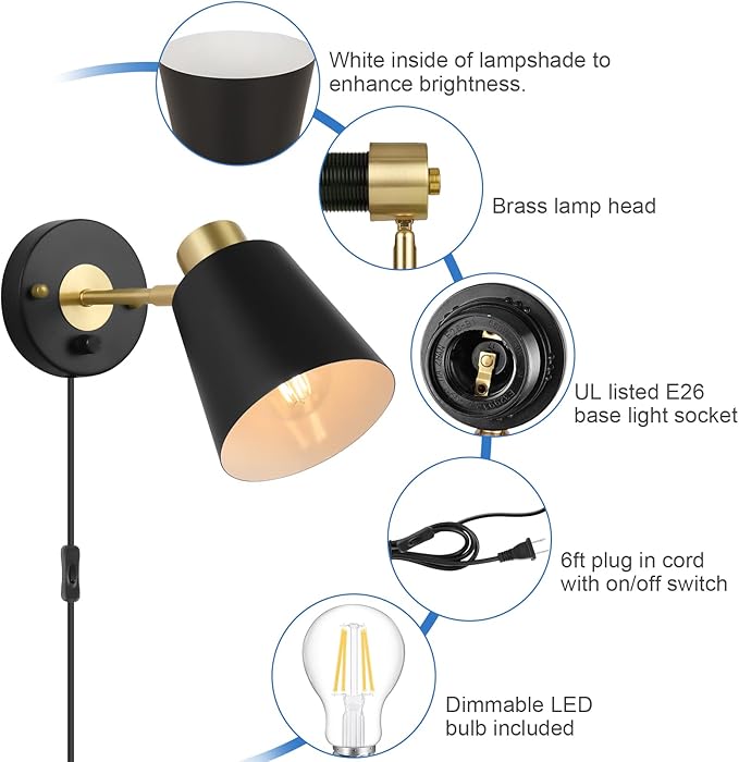 Plug in Wall Sconce, Dimmable Wall Sconce Adjustable Wall Lights with Plug in Cord and Dimmer On/Off Rotary Switch, Wall Mounted Light for Bedside Bedroom Doorway(One Bulb Included) - Bloomnest