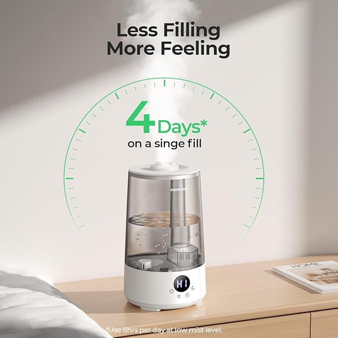 Homvana Humidifiers for Bedroom Home, 3.6 L Cool Mist Top-Fill 34H Super Long Time, Quiet 23dB, Baby Humidifier, Oil Diffuser for Large Room, House, Plant, Nursery, Office, BPA FREE, Ultrasonic (Grey) - Bloomnest
