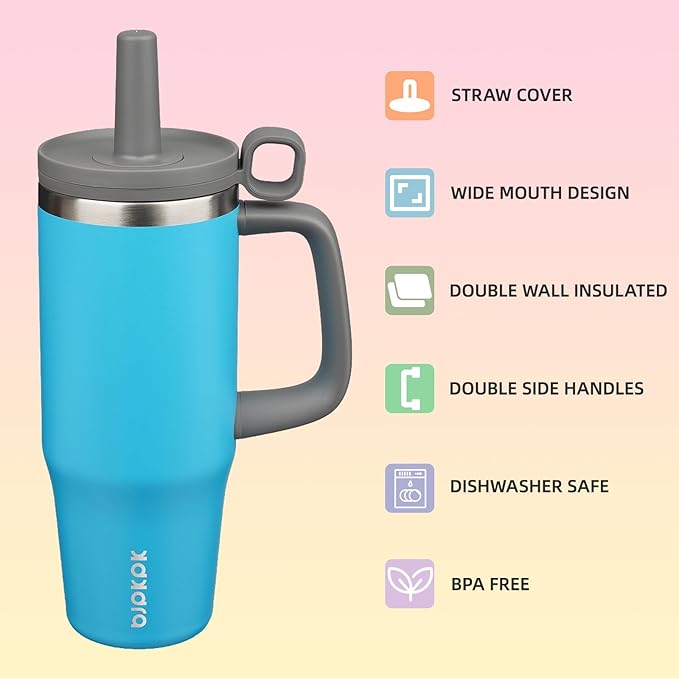 BJPKPK 32oz Stainless Steel Insulated Tumbler with Handle and Straw Travel Coffee Mug Thermal Cups with Lid,Reef Blue - Bloomnest