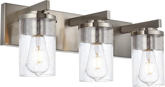 BONLICHT Brushed Nickel Vanity Light 3 Lights Modern Bathroom Light Fixtures Over Mirror with Seeded Glass, Industrial Metal Indoor sconces Wall Lighting for Powder Room Hallway Kitchen Sink Cabinet - Bloomnest