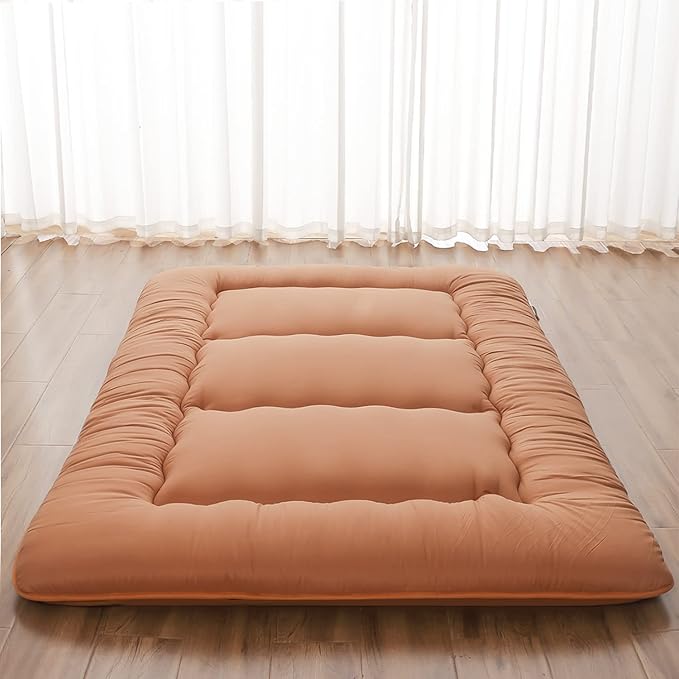 Japanese Floor Mattress, Futon Mattress with Portable Storage Bag and Washable Cover, Roll Up Thick Tatami Mat Suitable for Camping, Guest Room, Light Coffee, Queen - Bloomnest