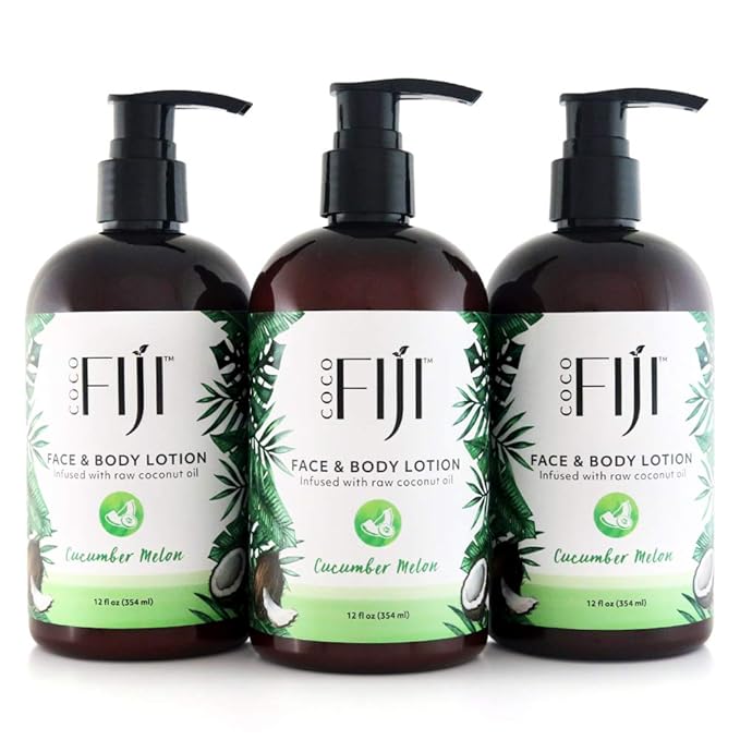 Coco Fiji Face & Body Lotion Infused With Coconut Oil | Lotion for Dry Skin | Moisturizer Face Cream & Massage Lotion for Women & Men | Cucumber Melon 12 oz, Pack of 3 - Bloomnest