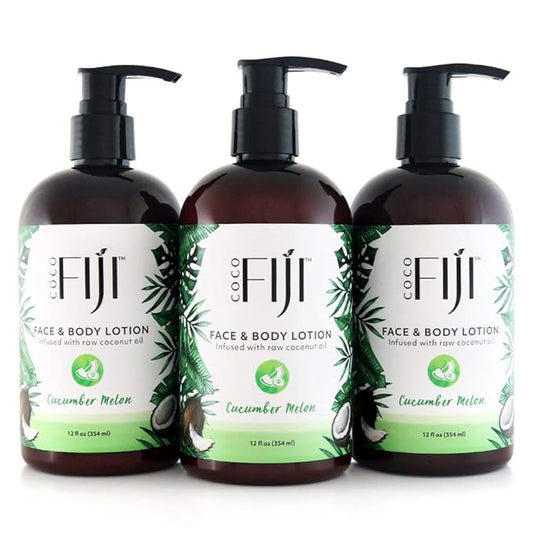 Coco Fiji Face & Body Lotion Infused With Coconut Oil | Lotion for Dry Skin | Moisturizer Face Cream & Massage Lotion for Women & Men | Cucumber Melon 12 oz, Pack of 3 - Bloomnest