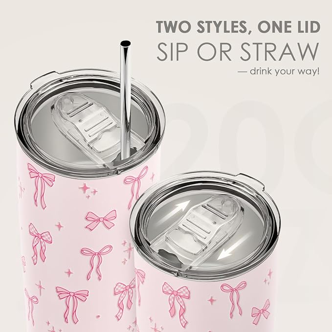 SANDJEST Bow Tumbler 20oz, Stainless Steel Travel Cup with Lid, Insulated Coffee Mug, Bow Gifts for Women Girls Friends Sisters on Birthday Christmas (Pink) - Bloomnest