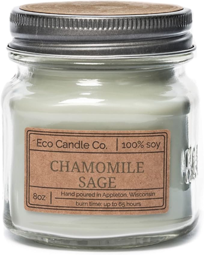 ECO CANDLE CO. Mason Jar Candle, Chamomile Sage, 8 oz. - Scents of Sage & Chamomile - 100% Soy Wax, No Lead, Kraft Label & Antiqued Pewter Lid, Hand Poured, Made from Midwest Grown Soybeans - Bloomnest