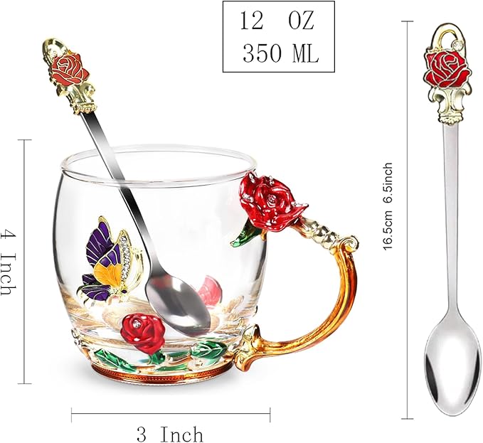 Flower Tea Cup ,Butterfly Rose Clear Glass Fancy Coffee Mug with Spoon,Gift Box for Her Mom Wife Grandma Girls Friends Valentines Christmas Birthday Present Idea for Juice,Hot And Cold Drinks Use - Bloomnest
