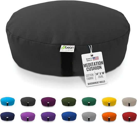 BEAN PRODUCTS Zafu Meditation Pillows for Sitting on Floor, Yoga Cushion, Cotton/Buckwheat fill Yoga Pillow, Zafu Meditation Cushion, Zen Kneeling Prayer Pad- MADE IN USA - 14"x18" Oval - BLACK