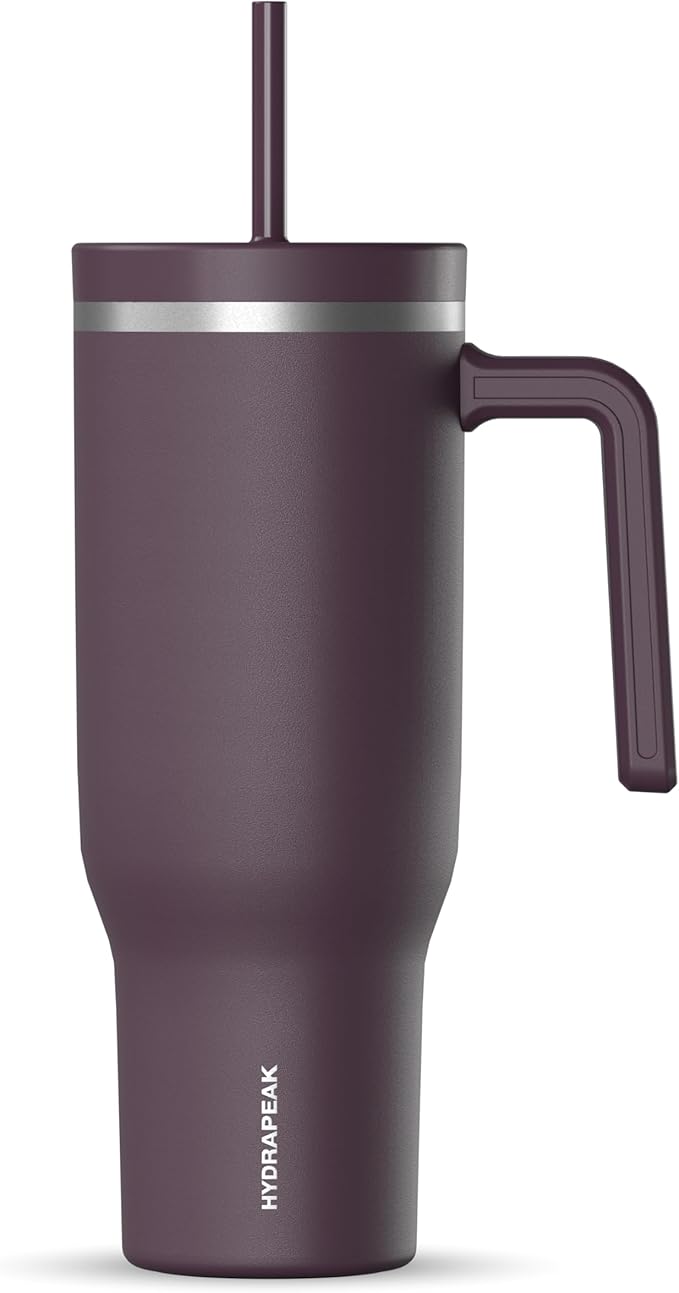 Hydrapeak Voyager 40 Oz Stainless Steel Tumbler with Handle, Insulated Water Bottle With Straw & Lid, Cupholder Friendly Reusable Travel Mug (Midnight Plum) - Bloomnest