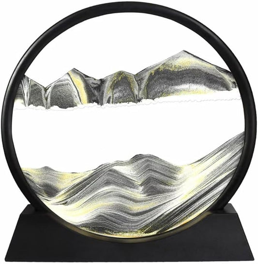 BGFJYUK Moving Sand Art Picture in Motion, Round Tempered Glass 3D Deep Sea Sandscapes with Display Flowing Sand Frame for Relaxing Desktop Home Office Work Décor for Kids Adults (Black, 7inch) - Bloomnest