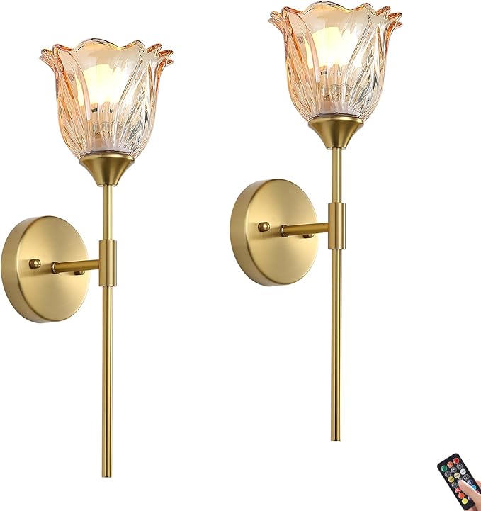 2 Pack Battery Operated Wall Sconce with Amber Glass Lampshade, Mid Century Bathroom Vanity, Wireless Rechargeable RGB Wall Light with Remote Control, for Bedroom Mirror Living Room - Bloomnest