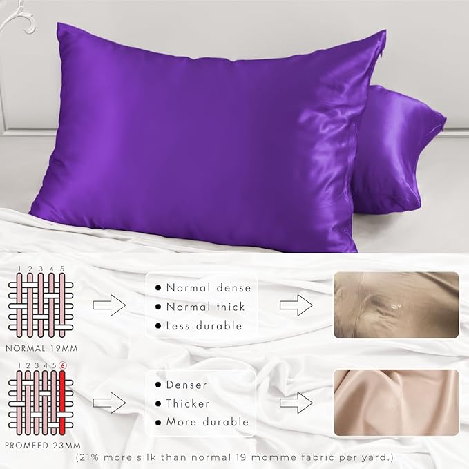 PROMEED 100% Mulberry Silk Pillowcase Set of 2, 23 Momme 3rd Gen Grade 6A+ 100% Mulberry Silk Pillow Cases 2 Pack, Real Silk Pillow Cover for Acne Prone Skin (King 20"x36", Purple) - Bloomnest
