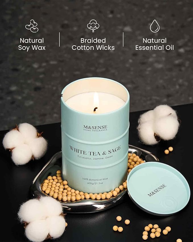 M&SENSE White Tea Sage Scented Candles Large, Natural Soy Candles 21.2oz 120 Hour Slow Burning,Aromatherapy Candle for Stress Relief Meditation Relaxing - Bloomnest