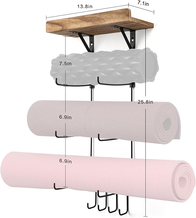 2 PACK Yoga Mat Holder Wall Mount Yoga Mat Storage Shelf Rack Home Gym Accessories with Wood Floating Shelves and 4 Hooks for Hanging Foam Roller and Resistance Bands Home Gym Carbonized Black - Bloomnest