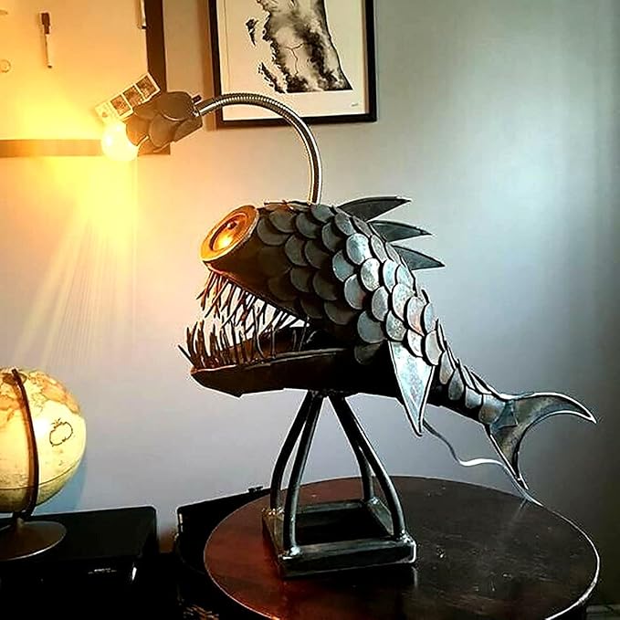 CAFELE Rustic USB Angler Fish Night Light, Steampunk Style Table Lamp with Simulation Flame LED Bulbs, Handmade Industrial Creative Decor for Home/Office - Bloomnest