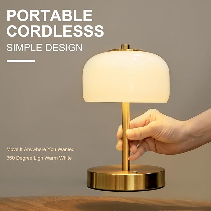Oneach 9" Cordless Table Lamps Set of 2, Gold Rechargeable Battery Operated Lamp, 3-Way Stepless Dimming Touch Mushroom Lamps, Small Glass Nightlight for Bedroom Dining Table Living Room Shelf Decor - Bloomnest