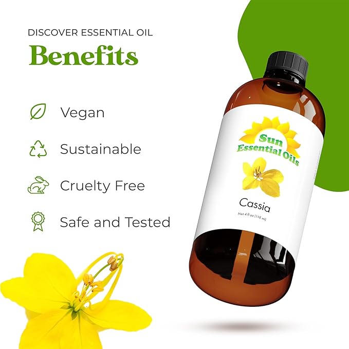 Sun Essential Oils - Cassia 4oz Bottle for Diffuser, Humidifier, Aromatherapy, Hair and Skin Care - Cassia Oil - Aromatherapy Oil - Bloomnest