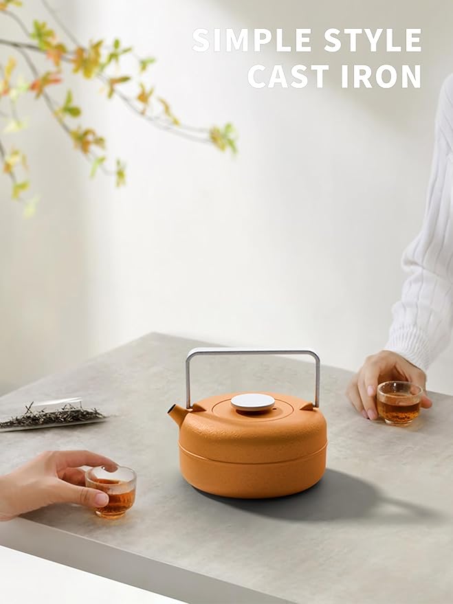 Toptier Teapot with Removable Infuser, Cast Iron Tea Kettle Stovetop Safe, Solid Geometry Cylinder Design Tea Pot Coated with Enameled Interior for 27 Ounce (800 ml), Yellow to Orange - Bloomnest