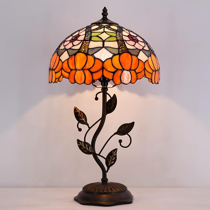 Tiffany Lamp Orange Flower Stained Glass Table Lamp Desk Bedside Reading Light 12X12X19 Inches with Metal Leaf Base Decor Bedroom Living Room - Bloomnest