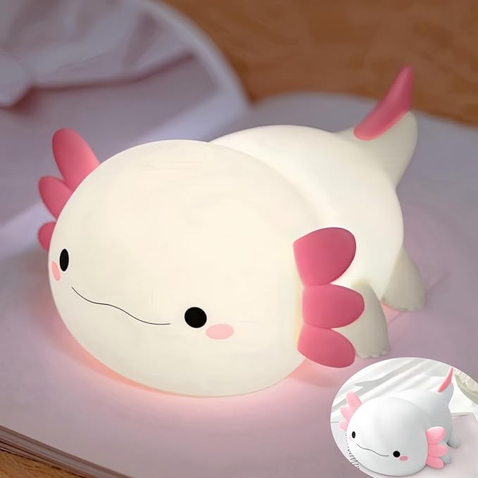 Axolotl Night Light for Kids, Cute Squishy Rechargeable Axolotls Lamp, Unique White Pink Xmas Axolotl Gifts, Dimmable LED Silicone Nightlight, Baby Safe, Girls Room College Dorm Décor - Bloomnest