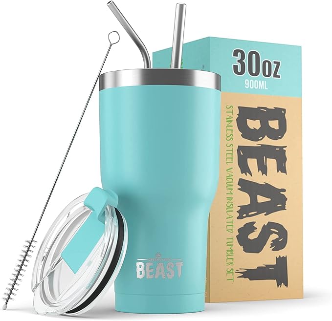 Beast 30 oz Tumbler Stainless Steel Vacuum Insulated Coffee Ice Cup Double Wall Travel Flask (Aquamarine Blue) - Bloomnest