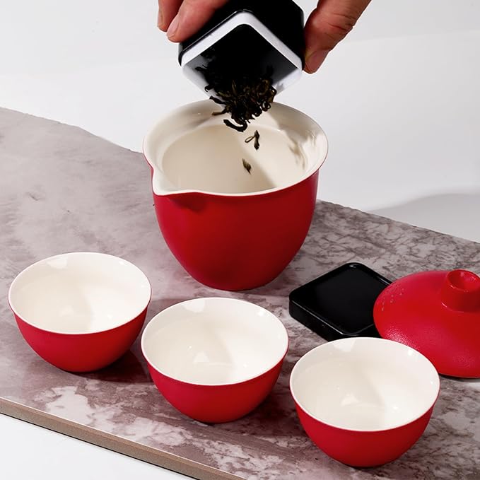 Porcelain Chinese Gongfu Tea Sets for Adults Ceramic japanese Tea Set Portable Kungfu Gaiwan Teapot and Cup Set Small Travel Teaset with Lid for Home Gifting Outdoor and Office (Red) - Bloomnest