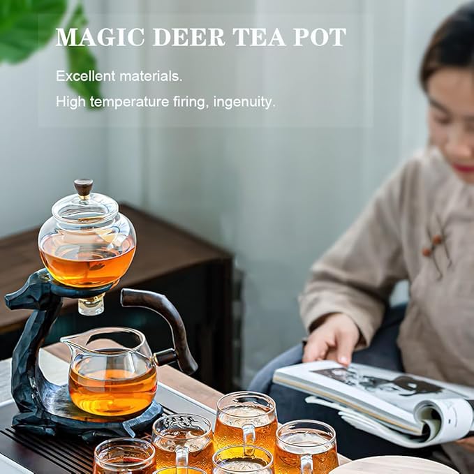 Magnetic Tea Pot, Lazy Kungfu Drip Teapot with Infuser, Heat-resistant Glass Deer Teapots Set, Semi-automatic Deer Glass Teapot Kettle Gifts for Friends Family (Black)