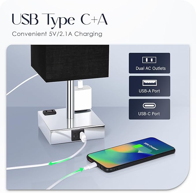 Bedside Lamp with USB Ports - Touch Control Table Lamp for Bedroom with USB C+A Charging Ports & AC Outlets, 3 Way Dimmable Nightstand Light for Living Room (Bulb Included, Black) - Bloomnest