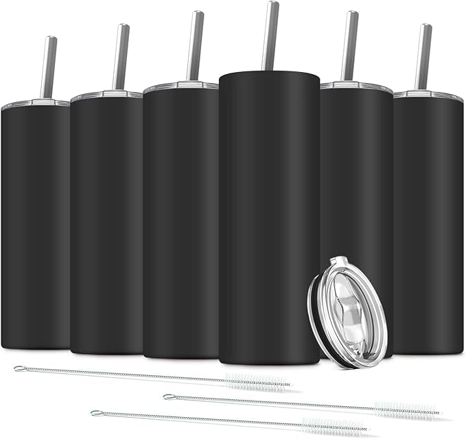6 Pack Stainless Steel Skinny Tumbler, 20 OZ Double-Insulated Water Tumbler Cup with 6 Straw and 3 Brush, Vacuum Travel Mug Gift for Hot Cold Drinks with Cleaning(Black) - Bloomnest