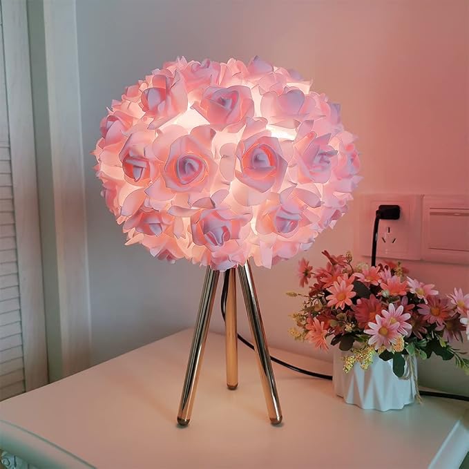 Pink Rose Flower Lamp Cute Table Lamp Flower Desk Lamp Floral Bedside Nighstand Light Atmosphere Girls Princess Lamp with Gold Tripod for Bedroom Wedding Christmas Gift Hotel Living Room - Bloomnest