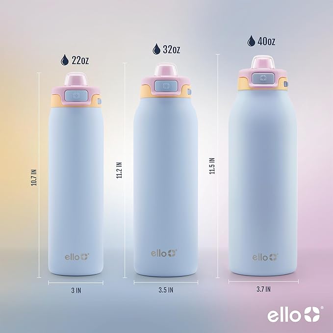 Ello Pop & Fill Insulated Stainless Steel Water Bottle with Quick Fill Lid, Leakproof Locking, Sip or Chug Spout, BPA-Free, Double Wall Vacuum Insulated for Sports, Travel & School- 22oz / 32oz / 40oz Ello