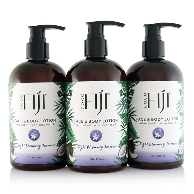 Coco Fiji Face & Body Lotion Infused With Coconut Oil | Lotion for Dry Skin | Moisturizer Face Cream & Massage Lotion for Women & Men | Night Blooming Jasmine 12 oz, Pack of 3 - Bloomnest