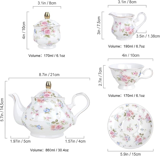 fanquare 21 Pieces Pink Blue Floral Porcelain Tea Set with Gold Trim, British Style Coffee Set for Adults, Vintage Romantic Gift Tea Sets for Wedding, Birthday, Women Tea Party - Bloomnest