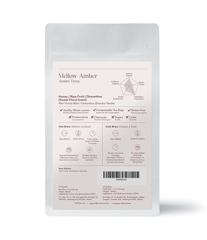 OOTINE, Mellow Amber Taiwan Oolong (12 Pyramid Sachets) | Honey and Dried Fruit Notes, Close to Black Tea & Japanese Wakoucha | Hand-Picked Quality Whole Leaves in Plant-Based Sachets | Caffeine Alternative for Gentle Focus, Supports Gut Health | Multi... - Bloomnest