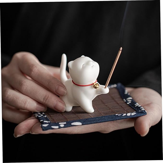 Cat Incense Holder, 2.4inch Ceramic Lucky Cat Incense Stick Holder with Bamboo Mat, Cute Cat Incense Burner, esk Ornament for Home Decorations - Bloomnest
