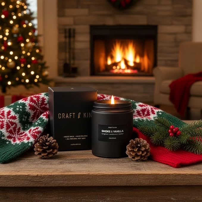 Craft & Kin Premium Smoke & Vanilla Candle | Black Christmas Scented Candles for Men | Long Lasting with 45 Hour Burn Time, 7.6oz | Soy Holiday Candle | Aromatherapy at Home | Gifts for Men - Bloomnest