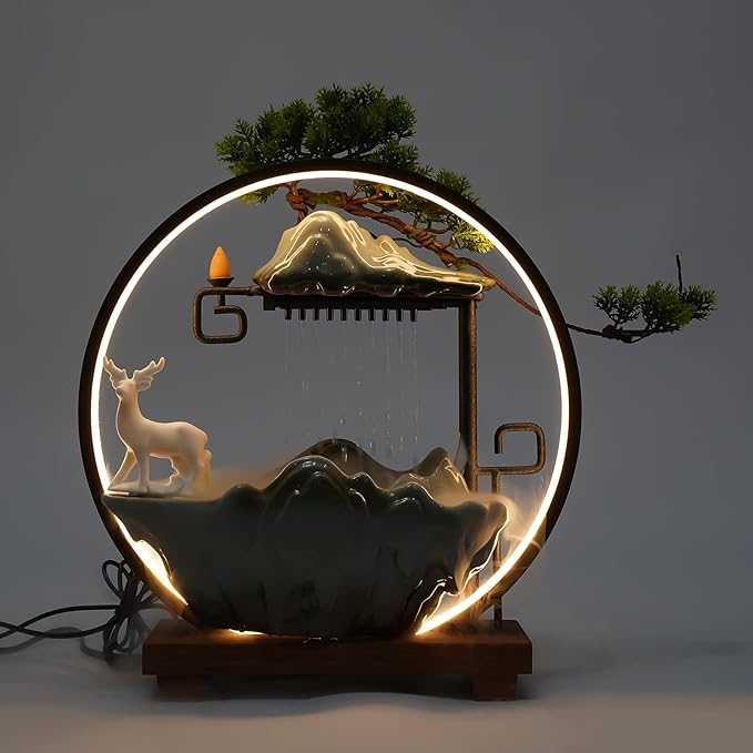 Tabletop Water Fountain, Indoor Waterfall with Round LED Light & Ceramic Elks, Mist Maker and Incense Holder for Home Office Decor - Bloomnest