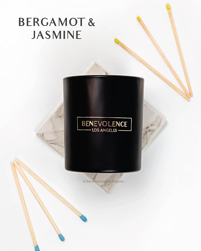 Benevolence LA Bergamot & Jasmine Christmas Scented Candles | Soy Candles, Black Candle for Home | Holiday Candle Gifts for Women and Men | Home Fragrance | Aromatherapy | 8oz, 45 Hour Burn - Bloomnest