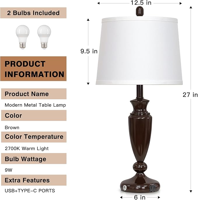 27'' Brown Living Room Lamps Set of 2, 3 Way Touch Control Table Lamps with USB A+C Ports, Modern Bedside Lamps, Elegant Metal Nightstand Lamps for Bedroom Office End Table Decoration - Bloomnest