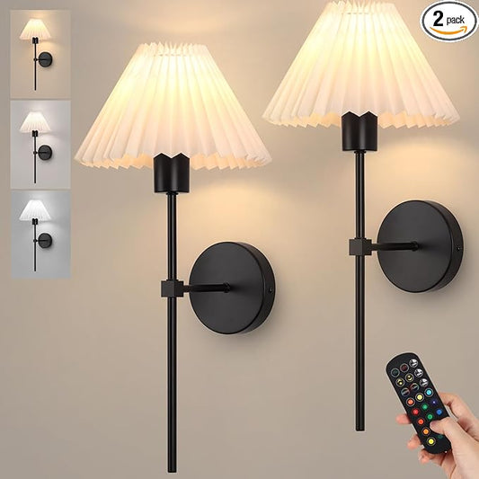 Rechargeable Battery Operated Wall Sconces Sets of 2, 15 Colors Wireless Wall Sconce, Black Wall Lights Fixture with Dimmable Bulbs and Remote, Not Hardwired Wall Mounted Lamps for Bedroom Living Room - Bloomnest