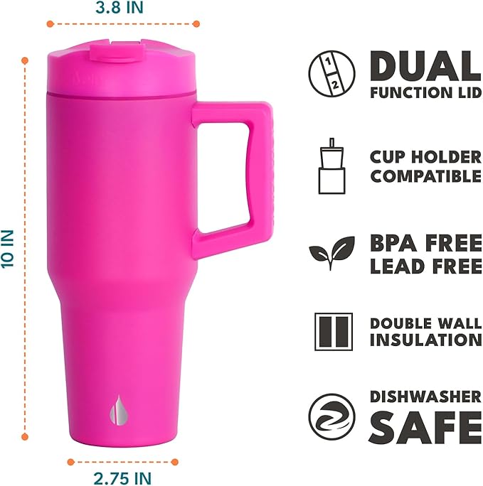 Elemental 32 oz 100% Leak Proof Tumbler with Handle & Straw - Stainless Steel Double Wall Insulated Tumbler for Hot and Cold Beverages - Travel Coffee Mug with Sip & Straw Lid - Hot Pink - Bloomnest