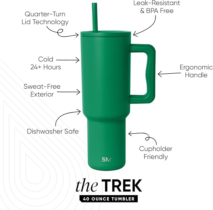 Simple Modern 40 oz Trek Tumbler with Handle and Straw Lid | Cup Holder Friendly Insulated Stainless Steel Travel Mug | Kelly Green SimpleModern