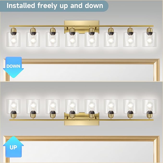Modern Brushed Gold 8 Light Bathroom Light Fixtures, 52 inch Vanity Lights for Bathroom with Clear Glass for Mirror Kitchen Living Room Hallway Cabinet Porch - Bloomnest