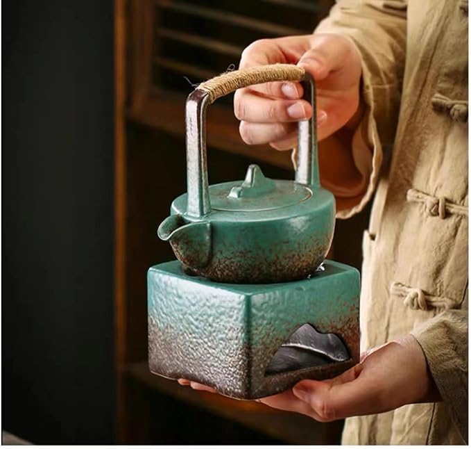 Ceramic travel tea set. 1 pot, 4 cups, 1 tea tray, 1 tea warmer, Chinese Kung Fu tea set, 2 colors (green) - Bloomnest